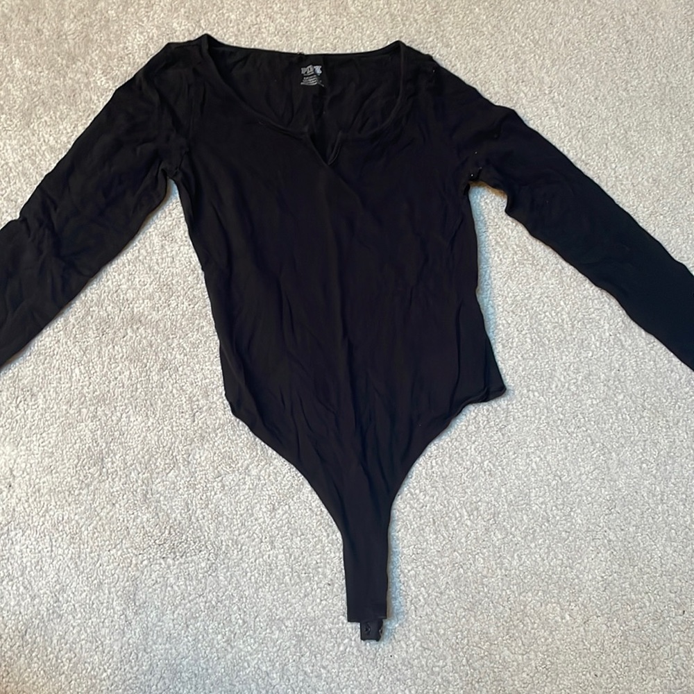 PINK cotton black v cut long sleeve body suit. Size S.